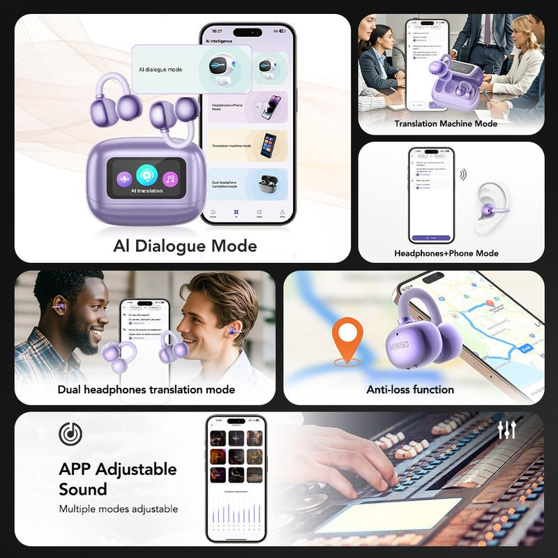 Experience Seamless Communication with MINISO MS199 Wireless Translation Clip-On Ear Headphones - 135 Languages Real-Time Translation, Built-In Microphone, and Sport-Ready Waterproof Design