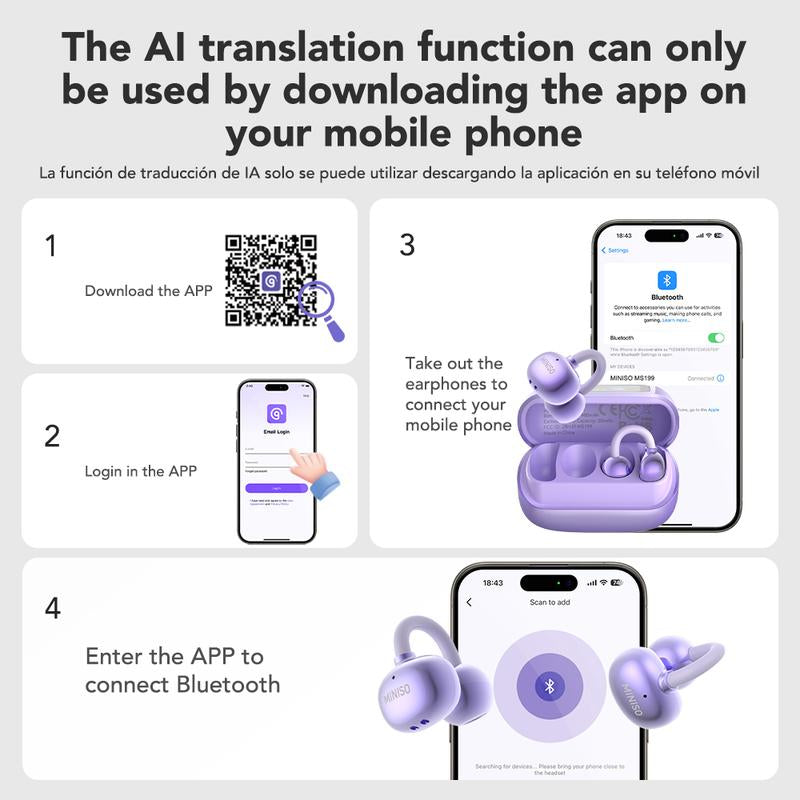 Experience Seamless Communication with MINISO MS199 Wireless Translation Clip-On Ear Headphones - 135 Languages Real-Time Translation, Built-In Microphone, and Sport-Ready Waterproof Design