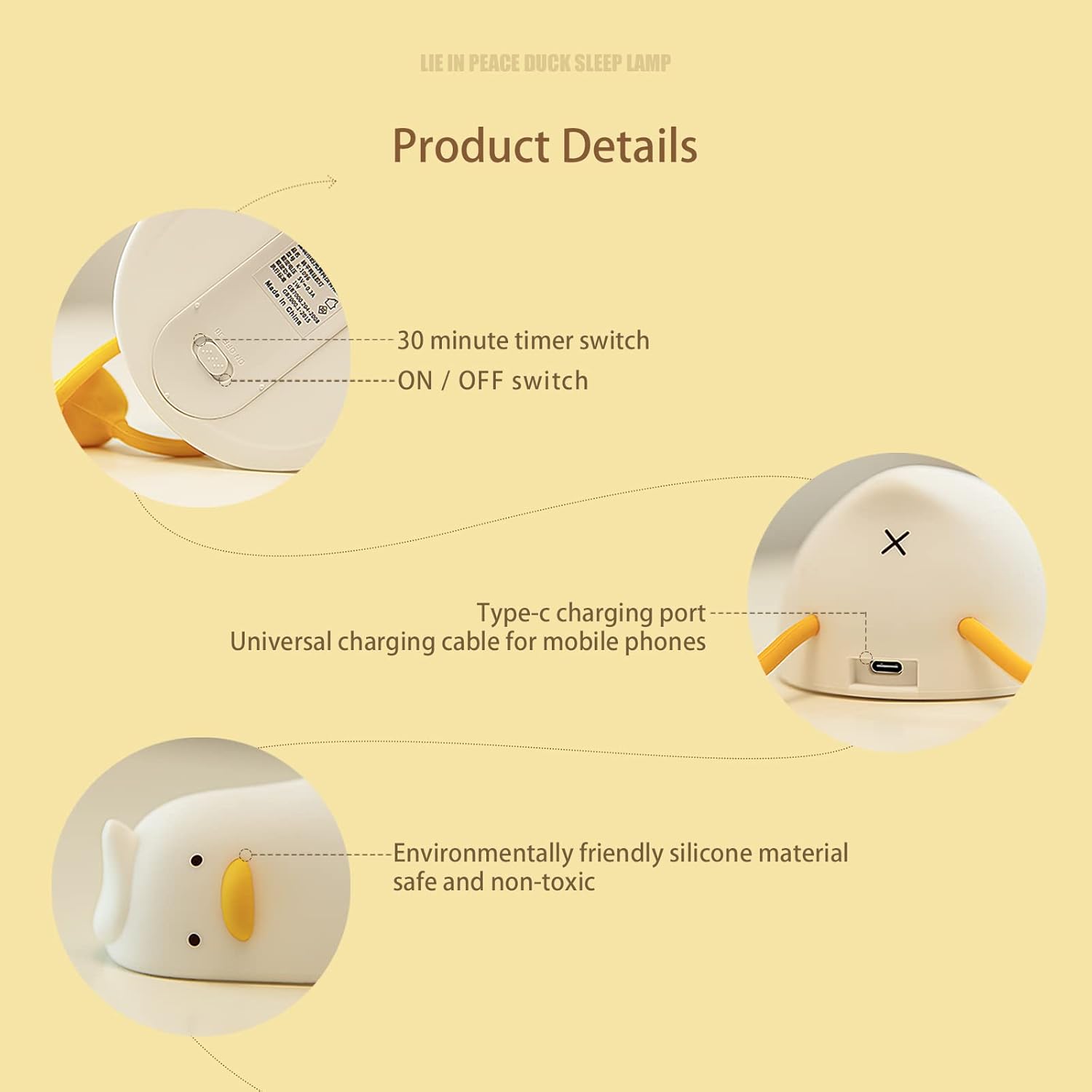 Adorable Benson Lying Flat Duck Night Light - LED Silicone Dimmable Lamp for Cozy Bedtime Bliss