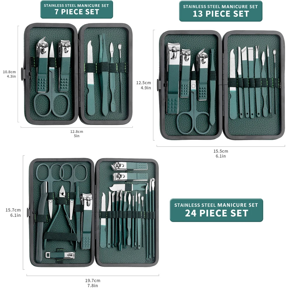 Elevate Your Nail Care Routine with the Green 7/13/24 Pcs Stainless Steel Nail Clipper and Pedicure Scissors Set - The Ultimate Portable Manicure and Pedicure Tool Kit