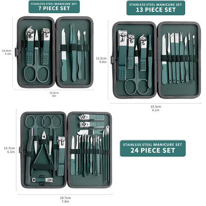 Elevate Your Nail Care Routine with the Green 7/13/24 Pcs Stainless Steel Nail Clipper and Pedicure Scissors Set - The Ultimate Portable Manicure and Pedicure Tool Kit