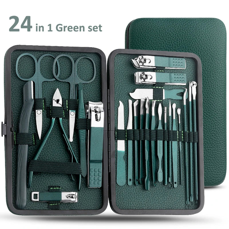 Elevate Your Nail Care Routine with the Green 7/13/24 Pcs Stainless Steel Nail Clipper and Pedicure Scissors Set - The Ultimate Portable Manicure and Pedicure Tool Kit