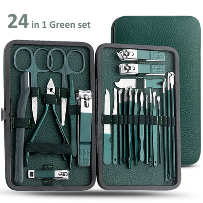 Elevate Your Nail Care Routine with the Green 7/13/24 Pcs Stainless Steel Nail Clipper and Pedicure Scissors Set - The Ultimate Portable Manicure and Pedicure Tool Kit