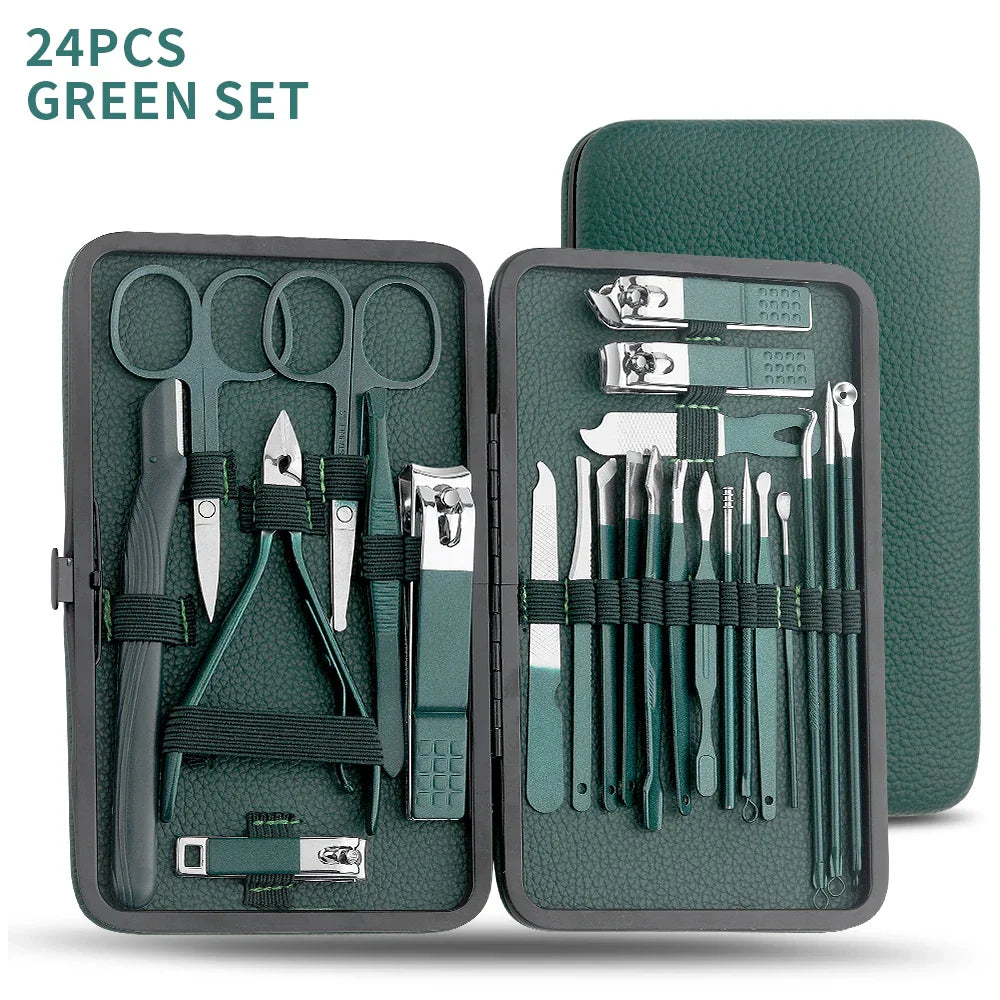 Elevate Your Nail Care Routine with the Green 7/13/24 Pcs Stainless Steel Nail Clipper and Pedicure Scissors Set - The Ultimate Portable Manicure and Pedicure Tool Kit