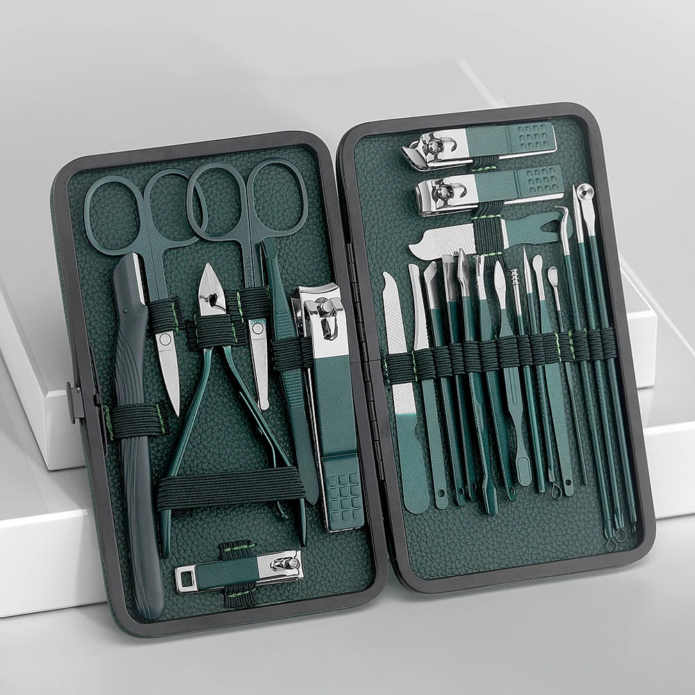 Elevate Your Nail Care Routine with the Green 7/13/24 Pcs Stainless Steel Nail Clipper and Pedicure Scissors Set - The Ultimate Portable Manicure and Pedicure Tool Kit