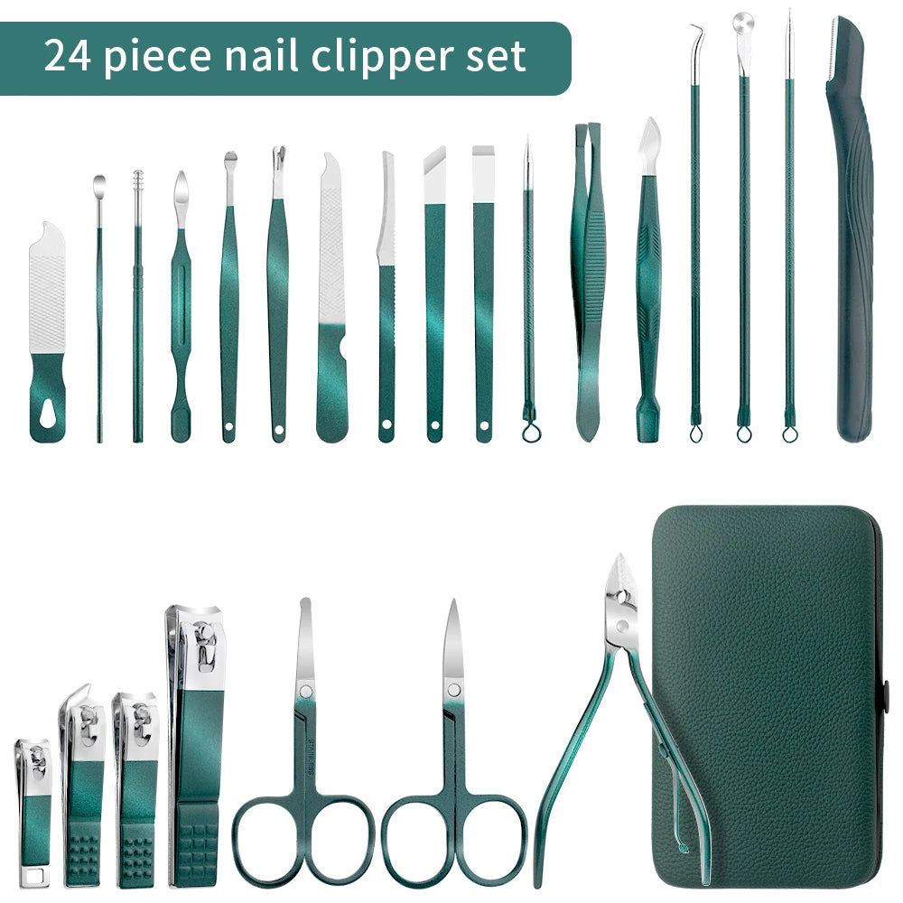 Elevate Your Nail Care Routine with the Green 7/13/24 Pcs Stainless Steel Nail Clipper and Pedicure Scissors Set - The Ultimate Portable Manicure and Pedicure Tool Kit