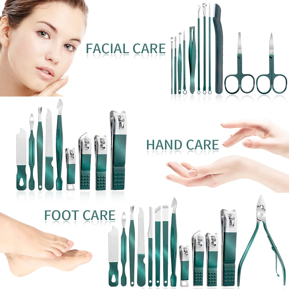 Elevate Your Nail Care Routine with the Green 7/13/24 Pcs Stainless Steel Nail Clipper and Pedicure Scissors Set - The Ultimate Portable Manicure and Pedicure Tool Kit